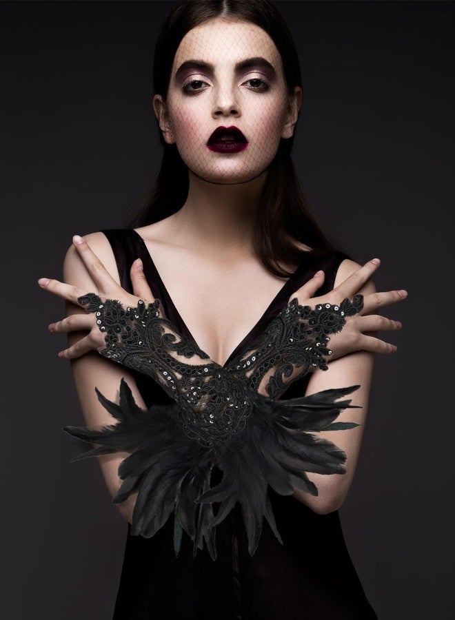 MAOFENG Women's Gothic Lace Feather Gloves Witch Angel Costume Accessories Swan Wings Wrist Bands Lace Fingerless Gloves,Black - Image 5